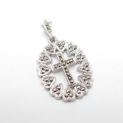 925 Sterling Silver Antique Art Deco Real Marcasite Gem Heart Cross Oval Pendant