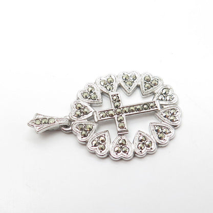 925 Sterling Silver Antique Art Deco Real Marcasite Gem Heart Cross Oval Pendant