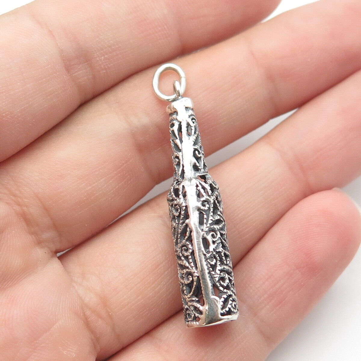 925 Sterling Silver Vintage Bottle Scroll Swirl Hollow Pendant