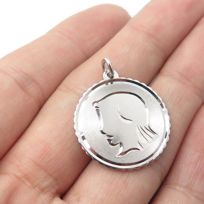 925 Sterling Silver Vintage Girl Face Profile Charm Pendant