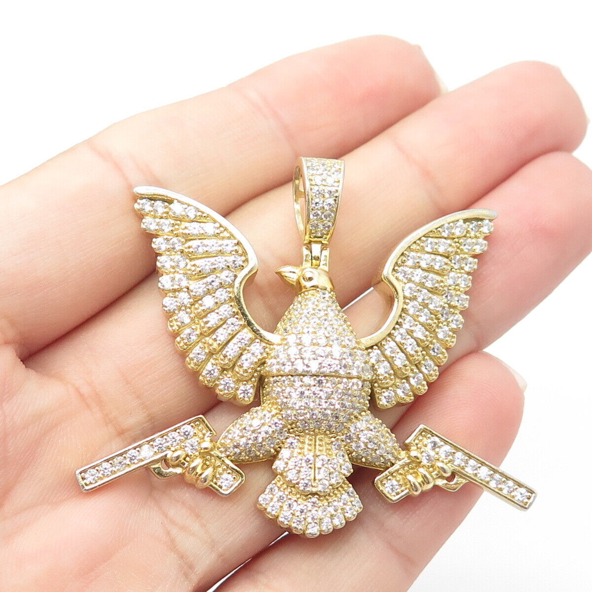 925 Sterling Silver Gold Plated White C Z Brave Eagle & Pistol Pendant