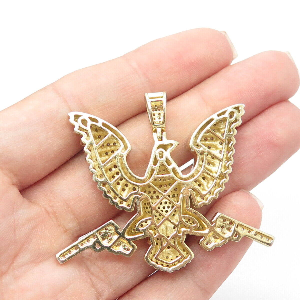 925 Sterling Silver Gold Plated White C Z Brave Eagle & Pistol Pendant