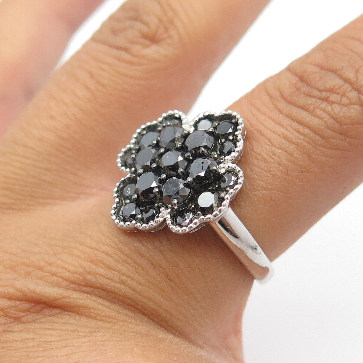 925 Sterling Silver Real Black Diamond Clover Cocktail Ring Size 7