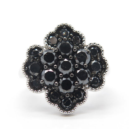 925 Sterling Silver Real Black Diamond Clover Cocktail Ring Size 7