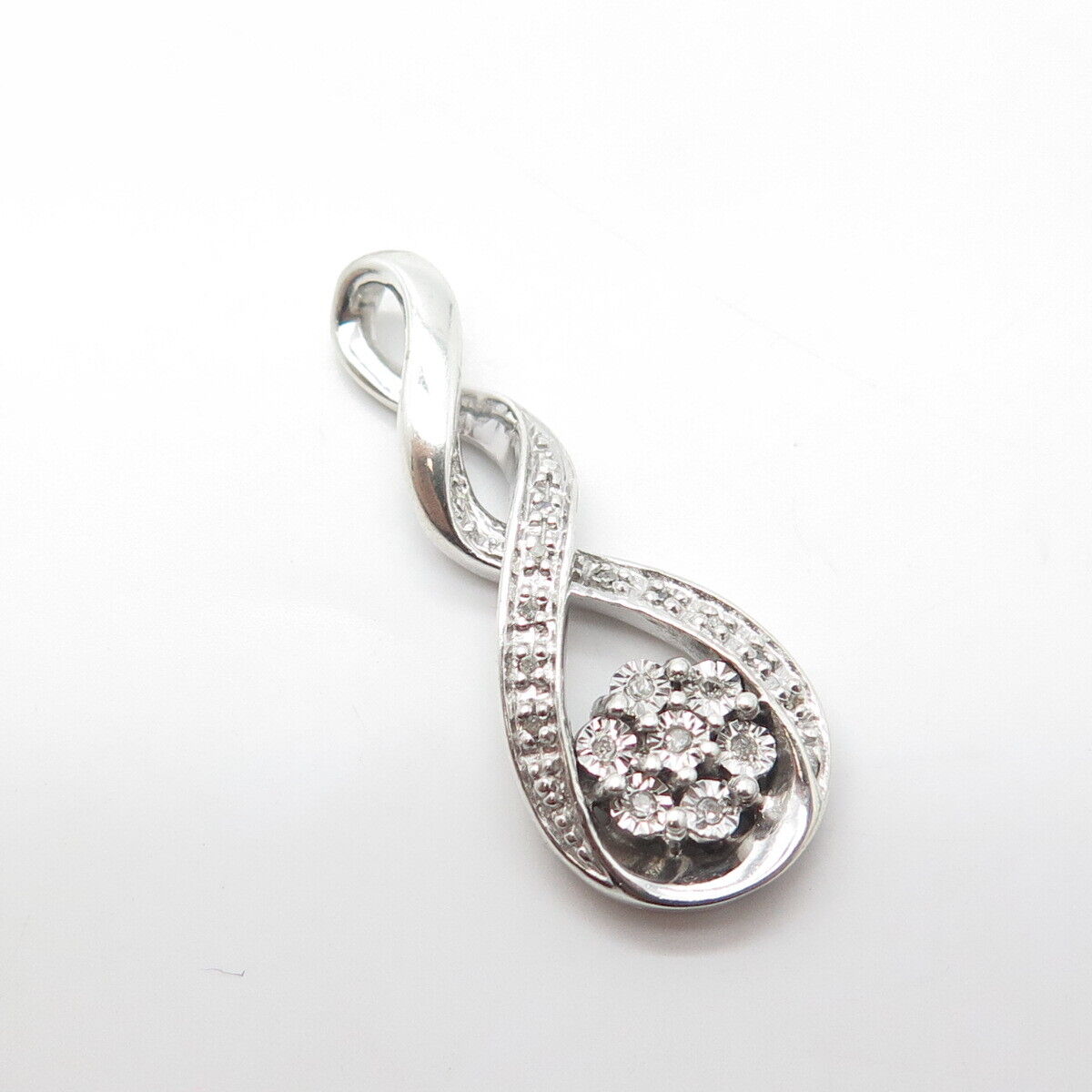 925 Sterling Silver Real White Diamond Twisted Infinity Floral Pendant