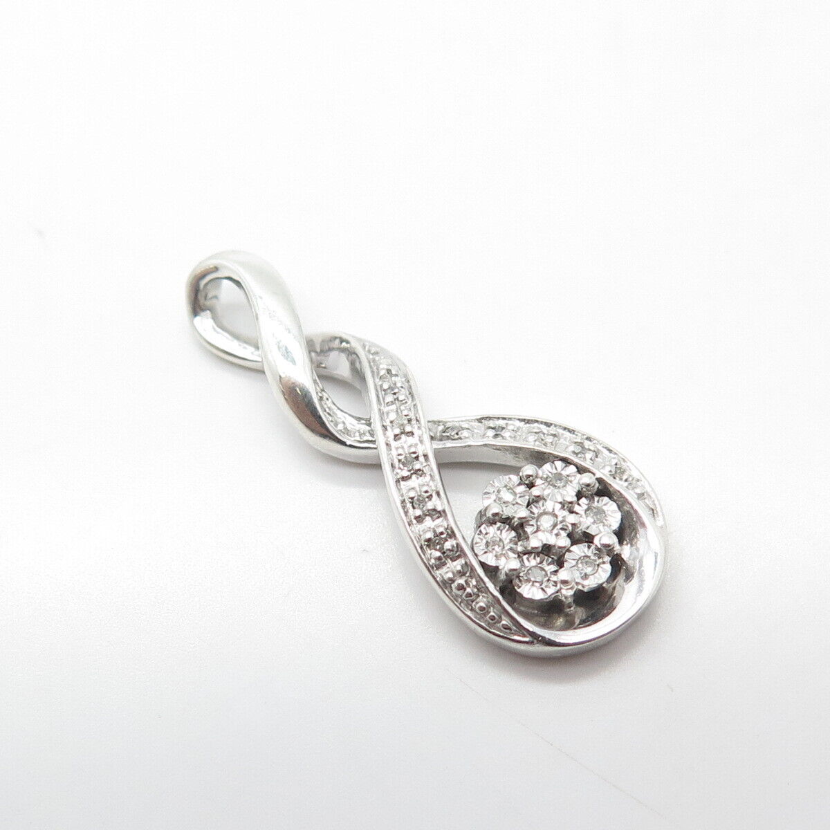 925 Sterling Silver Real White Diamond Twisted Infinity Floral Pendant