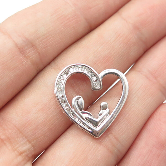 925 Sterling Silver Real White Diamond Mother & Child Open Heart Pendant