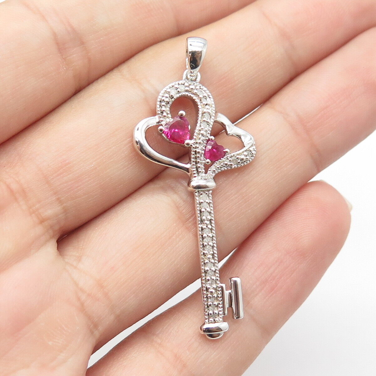 925 Sterling Silver Real Diamond & Lab-Created Pink Sapphire Heart Key Pendant