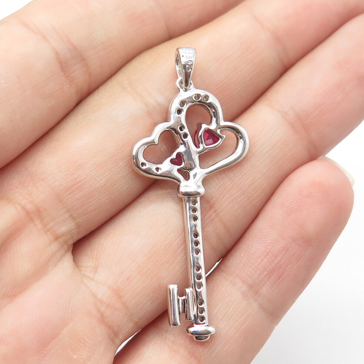 925 Sterling Silver Real Diamond & Lab-Created Pink Sapphire Heart Key Pendant