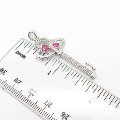 925 Sterling Silver Real Diamond & Lab-Created Pink Sapphire Heart Key Pendant