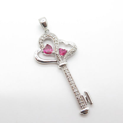 925 Sterling Silver Real Diamond & Lab-Created Pink Sapphire Heart Key Pendant