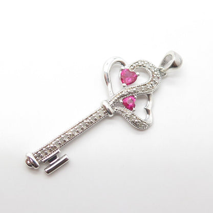 925 Sterling Silver Real Diamond & Lab-Created Pink Sapphire Heart Key Pendant