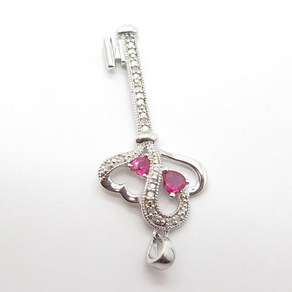 925 Sterling Silver Real Diamond & Lab-Created Pink Sapphire Heart Key Pendant