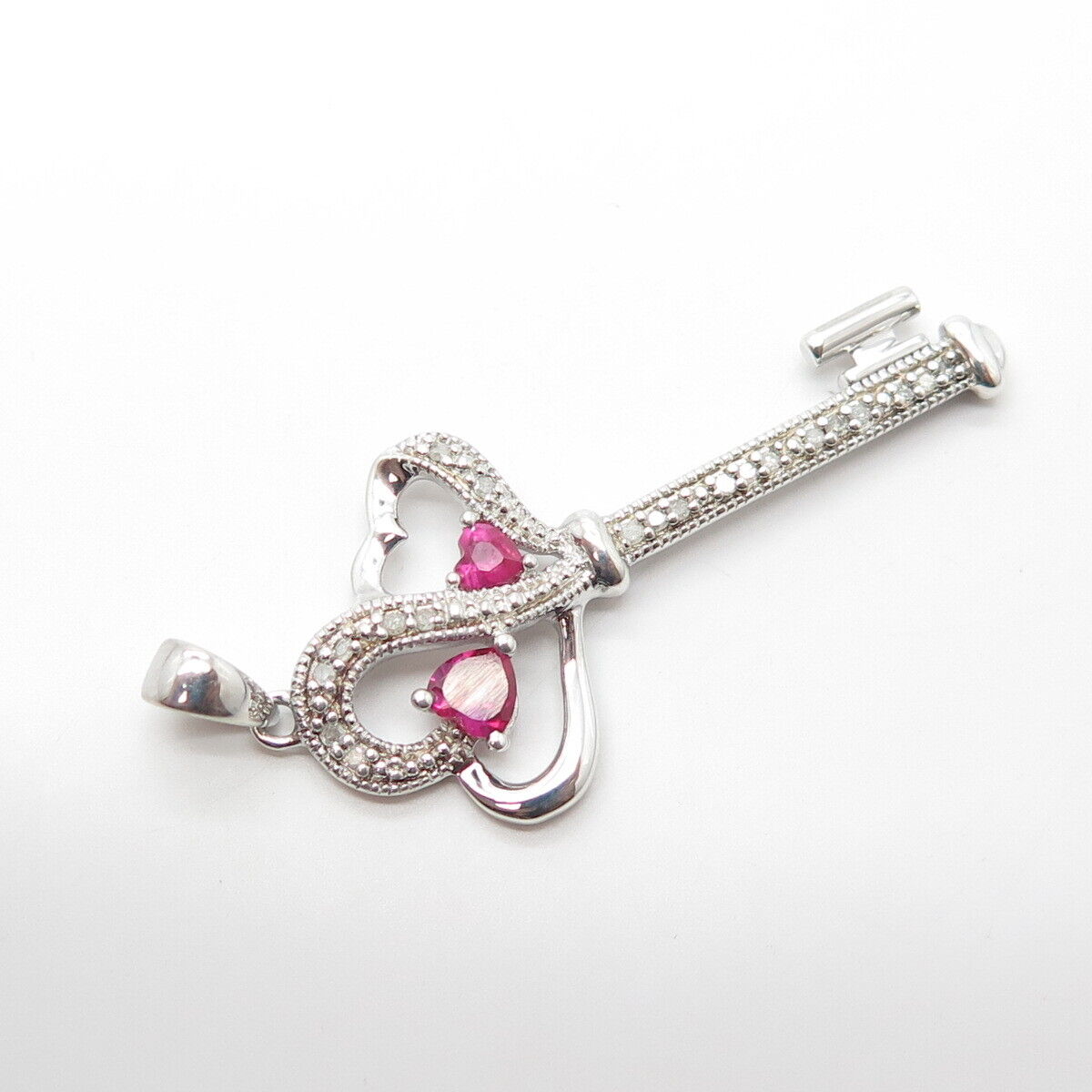 925 Sterling Silver Real Diamond & Lab-Created Pink Sapphire Heart Key Pendant