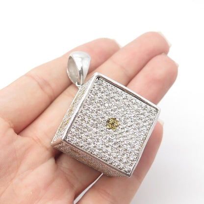 925 Sterling Silver 2-Tone Pave C Z Dice 3D Pendant