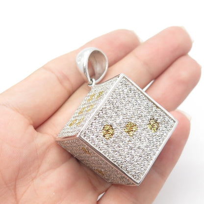 925 Sterling Silver 2-Tone Pave C Z Dice 3D Pendant