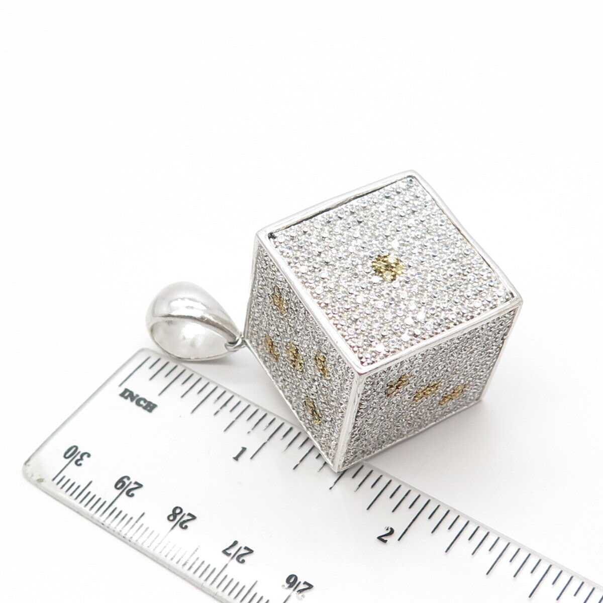 925 Sterling Silver 2-Tone Pave C Z Dice 3D Pendant