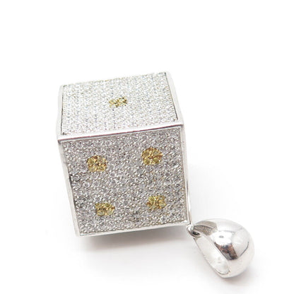 925 Sterling Silver 2-Tone Pave C Z Dice 3D Pendant