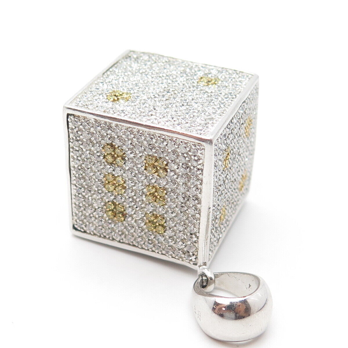 925 Sterling Silver 2-Tone Pave C Z Dice 3D Pendant