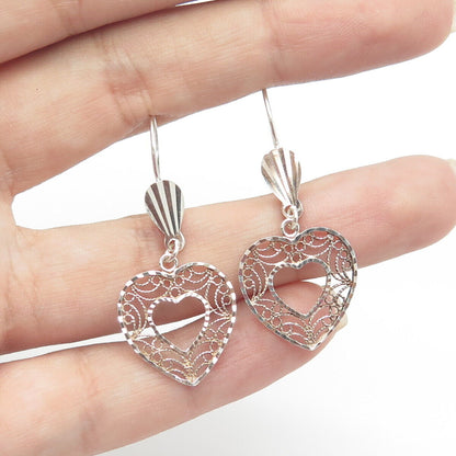 925 Sterling Silver Vintage Turkey Double Heart Filigree Textured Drop Earrings