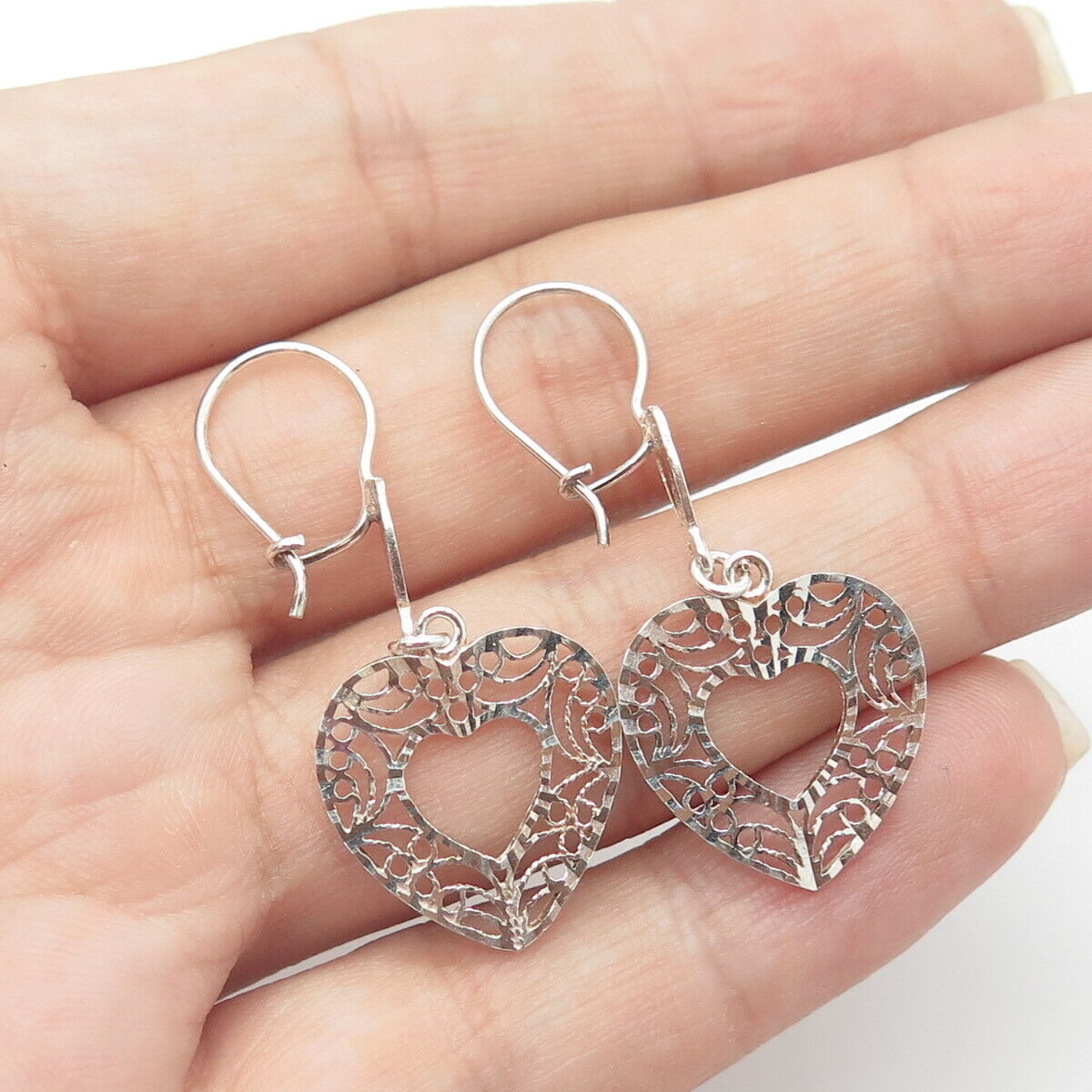 925 Sterling Silver Vintage Turkey Double Heart Filigree Textured Drop Earrings