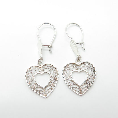 925 Sterling Silver Vintage Turkey Double Heart Filigree Textured Drop Earrings