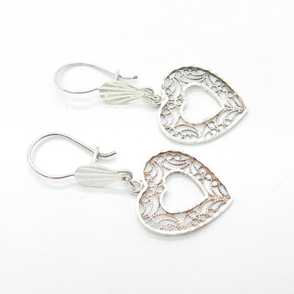 925 Sterling Silver Vintage Turkey Double Heart Filigree Textured Drop Earrings