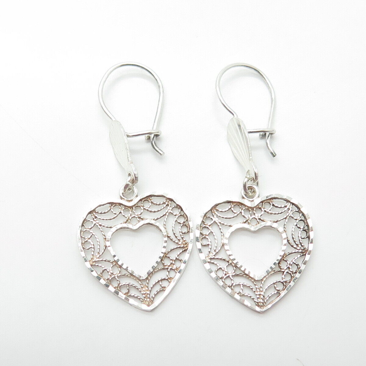 925 Sterling Silver Vintage Turkey Double Heart Filigree Textured Drop Earrings