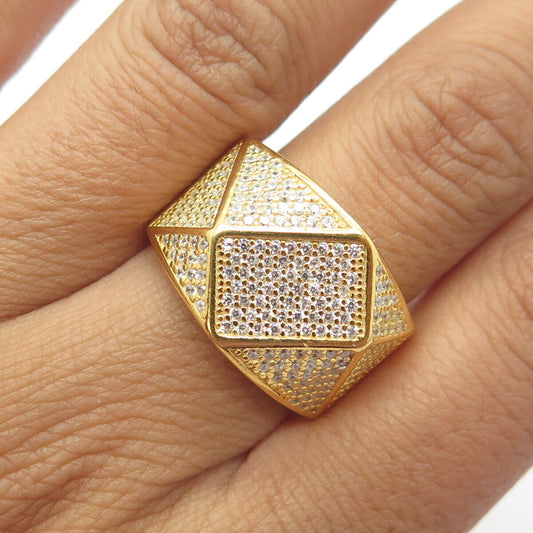925 Sterling Silver Gold Plated C Z "Iced Out" Geometry Wide Band Ring Size 8