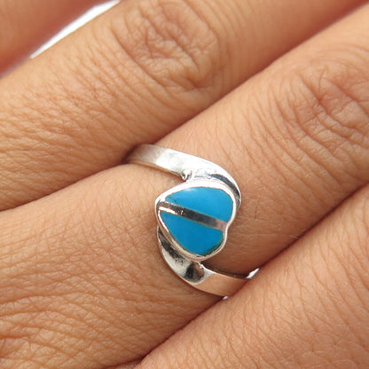 925 Sterling Silver Vintage Real Turquoise Gem Heart Bypass Cocktail Ring Size 7