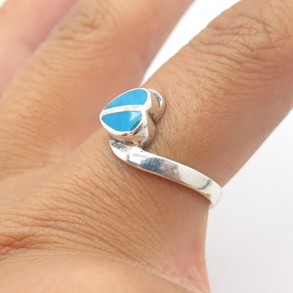 925 Sterling Silver Vintage Real Turquoise Gem Heart Bypass Cocktail Ring Size 7