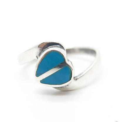 925 Sterling Silver Vintage Real Turquoise Gem Heart Bypass Cocktail Ring Size 7