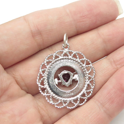 MARC MERCY 925 Sterling Silver Vintage Rhinestone I Love You Heart Round Pendant