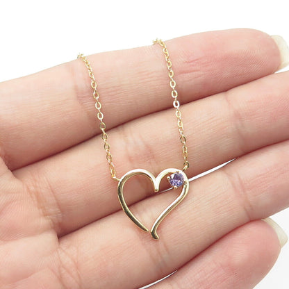 925 Sterling Silver Gold Plated Amethyst Gem Open Heart Cable Chain Necklace 18"