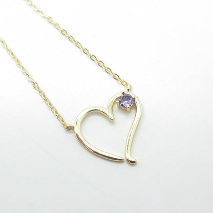 925 Sterling Silver Gold Plated Amethyst Gem Open Heart Cable Chain Necklace 18"