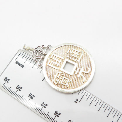925 Sterling Silver 2-Tone Vintage Textured Asian Luck Coin Pendant