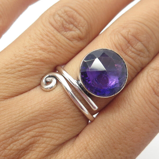 925 Sterling Silver Vintage Real Round-Cut Amethyst Gem Spiral Ring Size 6.75