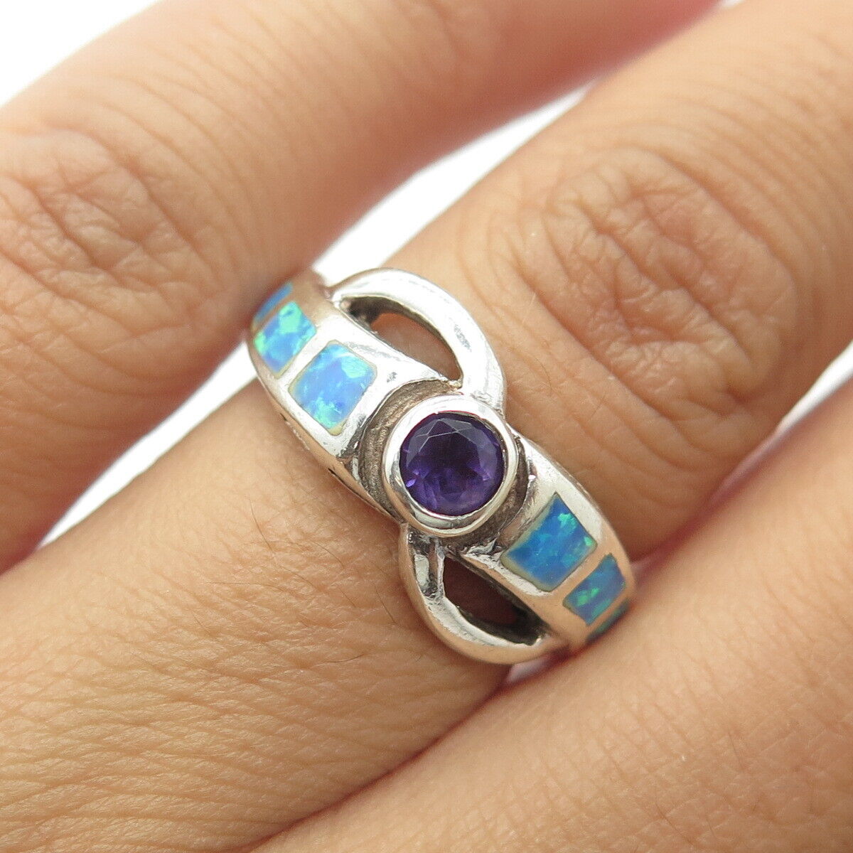 925 Sterling Silver Vintage Real Cabochon Amethyst & Opal Bypass Ring Size 5.75