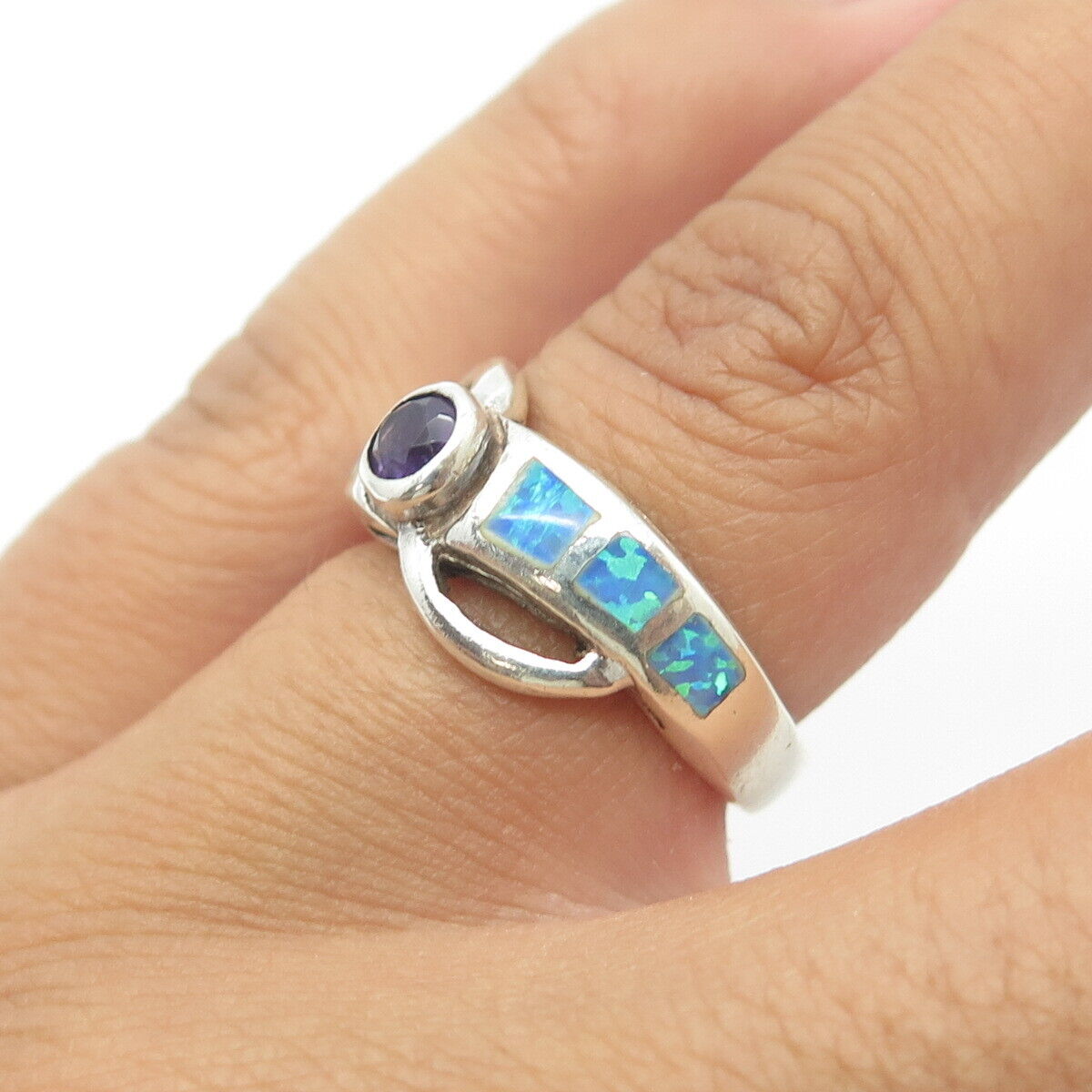 925 Sterling Silver Vintage Real Cabochon Amethyst & Opal Bypass Ring Size 5.75