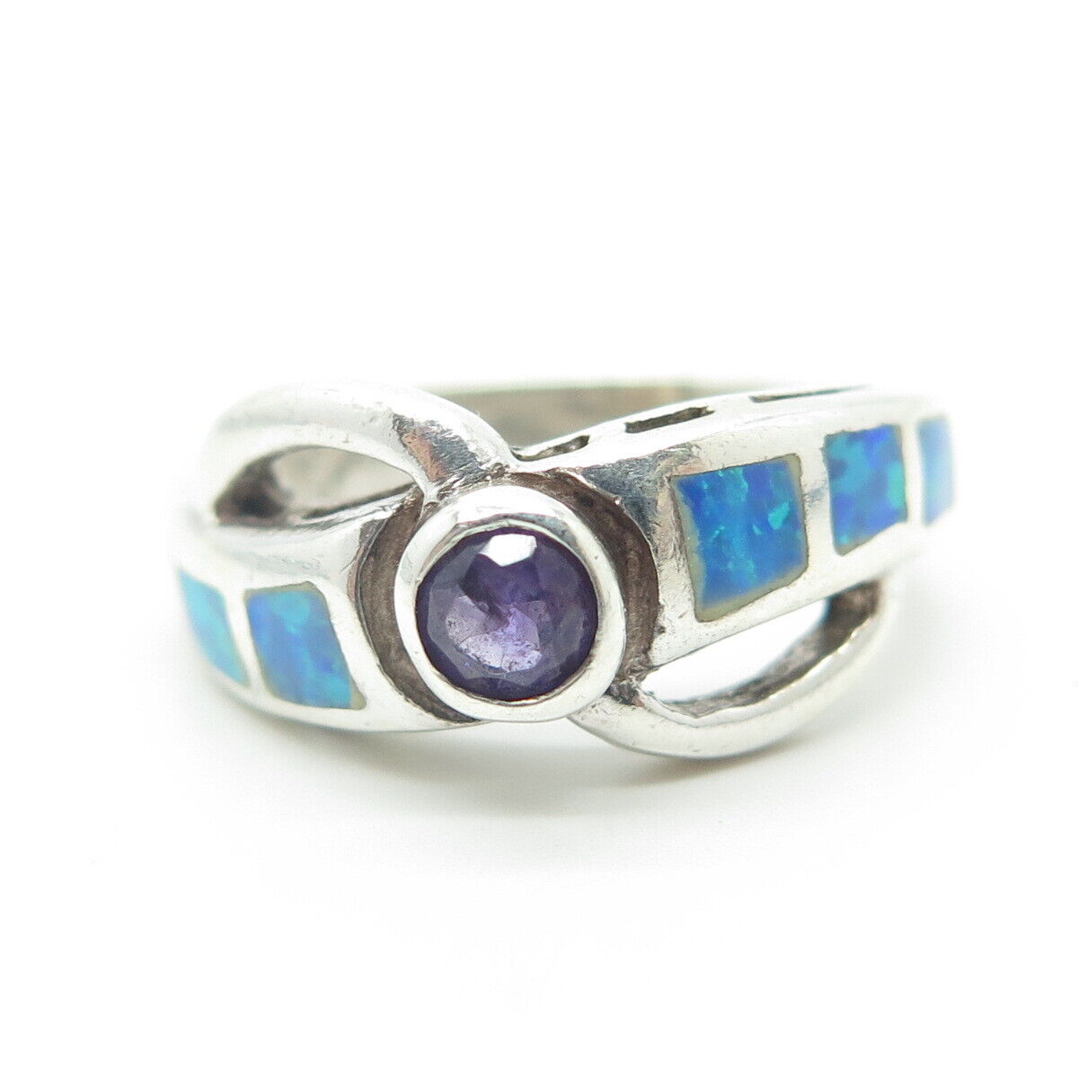 925 Sterling Silver Vintage Real Cabochon Amethyst & Opal Bypass Ring Size 5.75