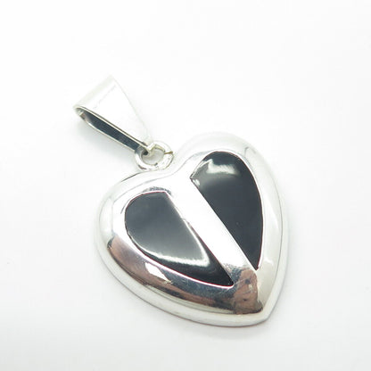 925 Sterling Silver Vintage Mexico Real Black Onyx Gemstone Heart Pendant