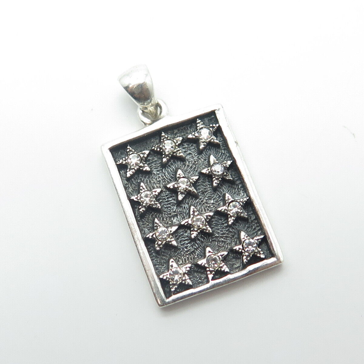 925 Sterling Silver Vintage White C Z Star Board Rectangle Pendant