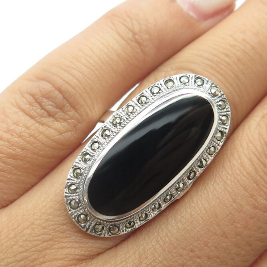 925 Sterling Silver Vintage Black Onyx & Marcasite Gem Statement Ring Size 5.75