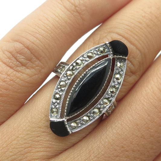 925 Sterling Silver Vintage Black Onyx & Marcasite Gem Statement Ring Size 5.75