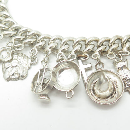925 Sterling Silver Antique Art Deco Mexico Assorted Charms Heavy Bracelet 6.75"