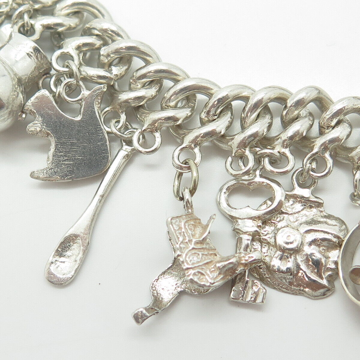 925 Sterling Silver Antique Art Deco Mexico Assorted Charms Heavy Bracelet 6.75"