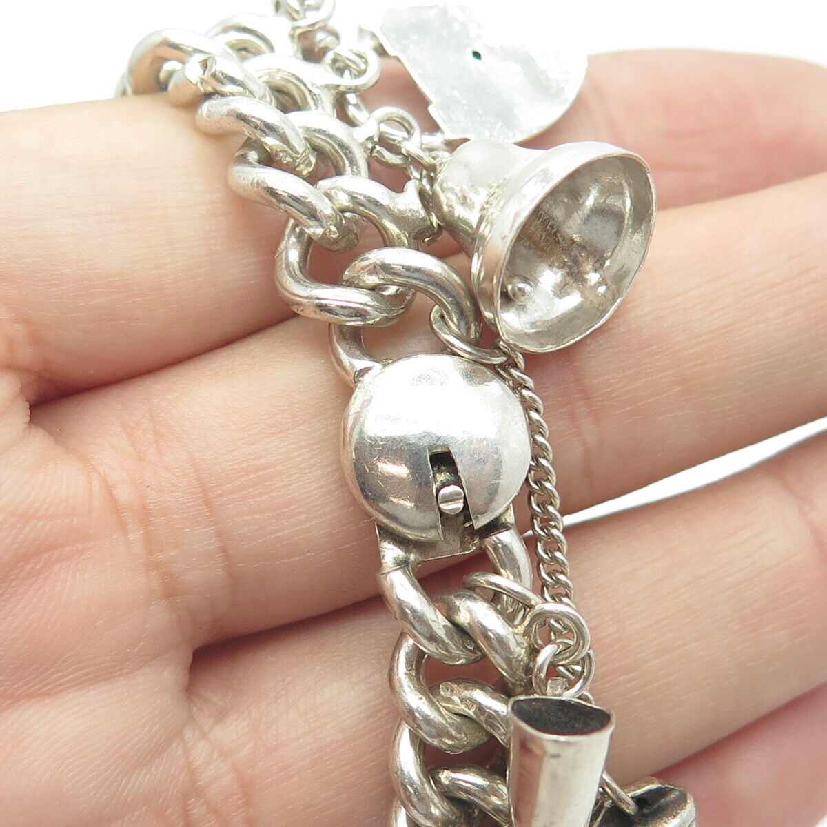 925 Sterling Silver Antique Art Deco Mexico Assorted Charms Heavy Bracelet 6.75"