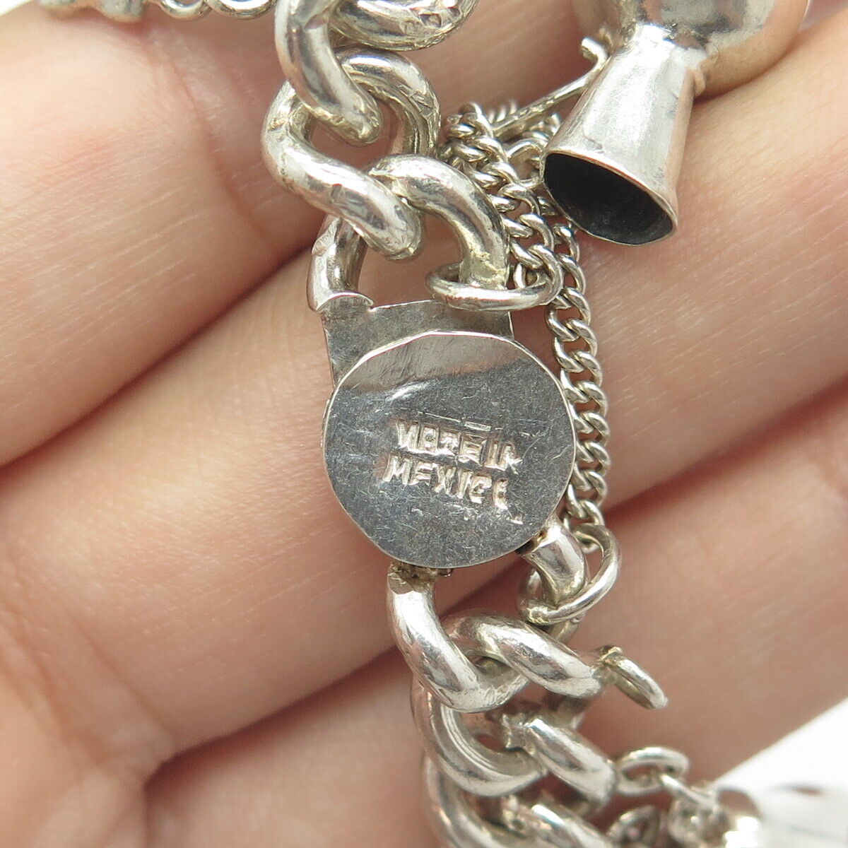 925 Sterling Silver Antique Art Deco Mexico Assorted Charms Heavy Bracelet 6.75"