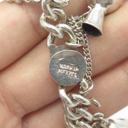 925 Sterling Silver Antique Art Deco Mexico Assorted Charms Heavy Bracelet 6.75"