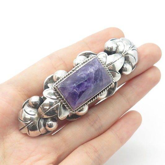 925 Sterling Silver Antique Art Deco Mexico Real Amethyst Gem Ornate Pin Brooch